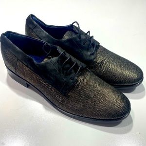 Valentina Rangoni Leather Black With Gold Metallic‎ Sheen Woman’s Loafers 9